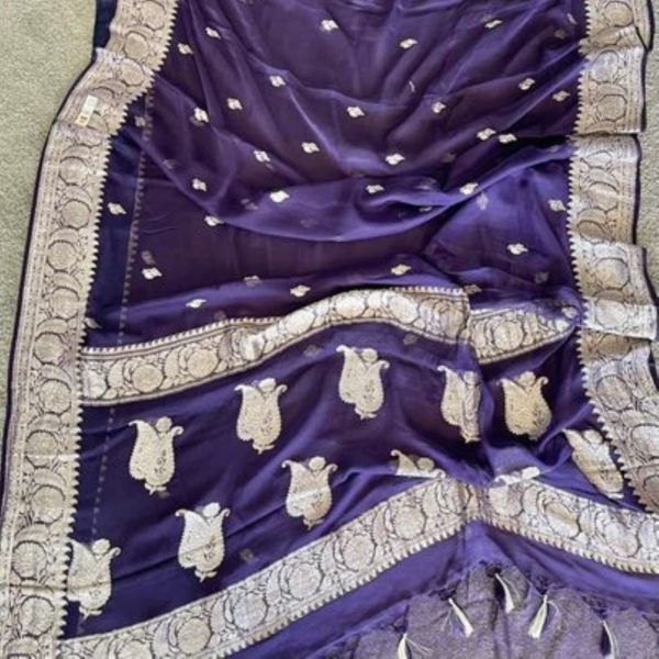 Handcrafted Pure Banarasi Khaddi Chiffon Saree Aubergine